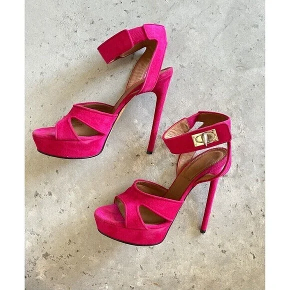 Givenchy Shark Lock Pink Suede Platform Heel Sandals Size